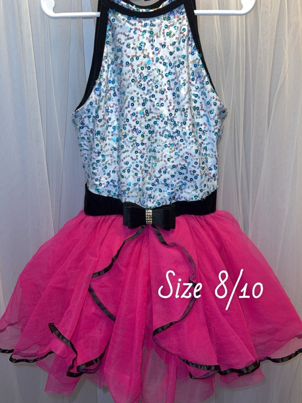 Girls sz. 8/10 Sparkle Sequin Bodice Pink Tutu Dress with Black Trim